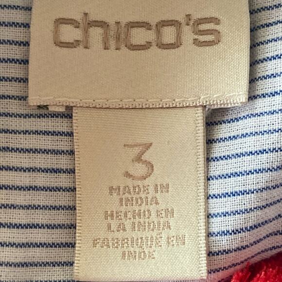 Chico's Blue White Stripe Popover Top Embroidered Beaded Tassels Size XL/16 Boho - Picture 11 of 13